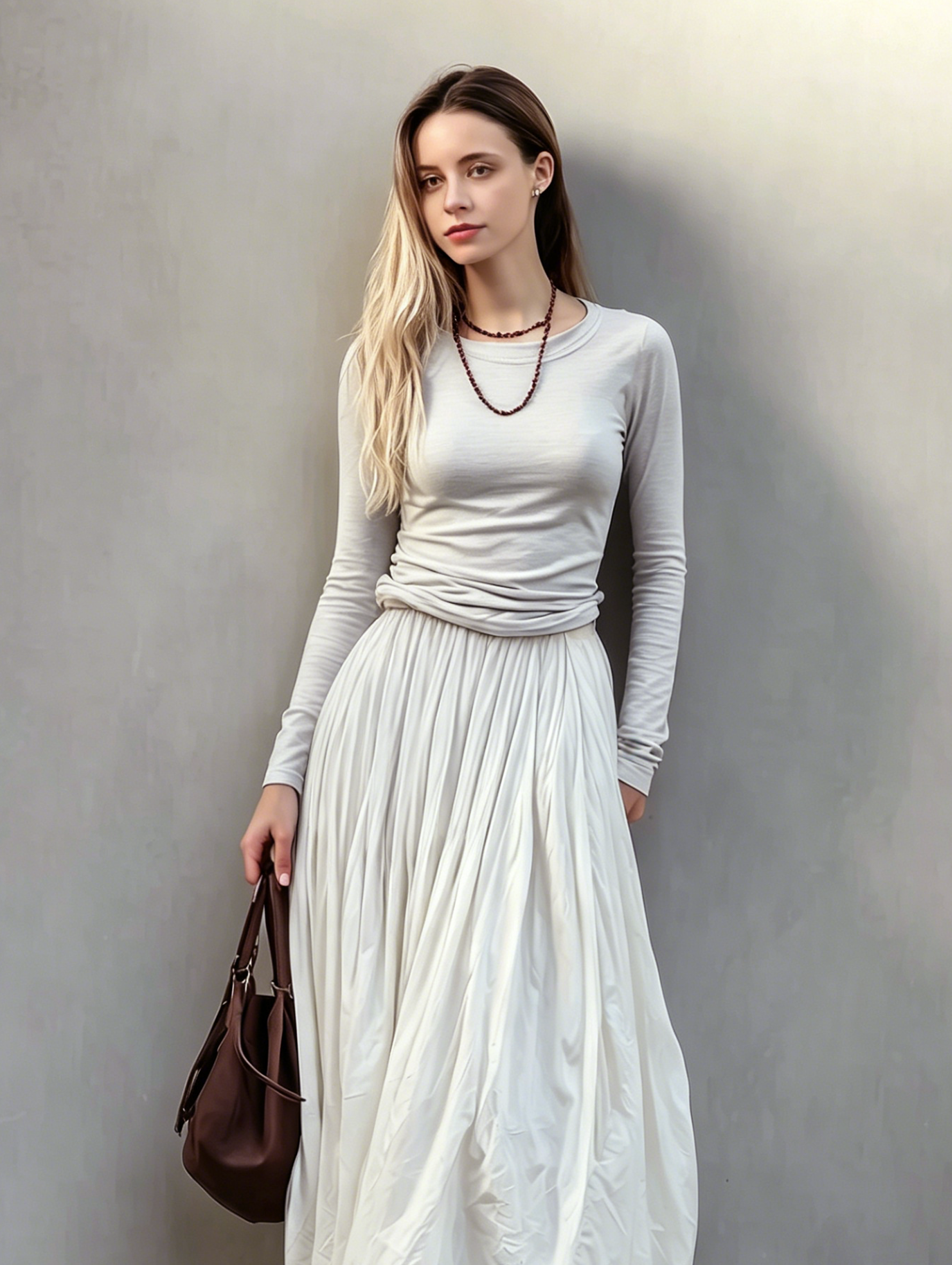 Women's Casual Grey Stretch-Knit Crewneck Long-Sleeve Top Paired With An Off-White Woven Tulip Skirt MDZ2972E4LXY
