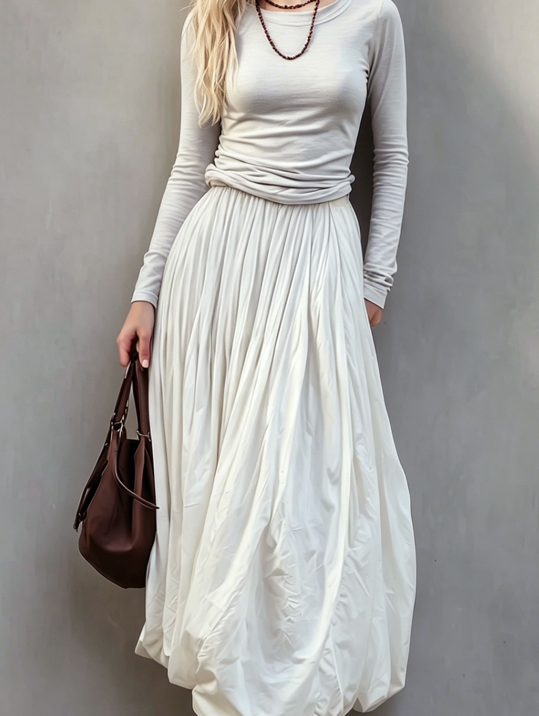 Women's Casual Grey Stretch-Knit Crewneck Long-Sleeve Top Paired With An Off-White Woven Tulip Skirt MDZ2972E4LXY
