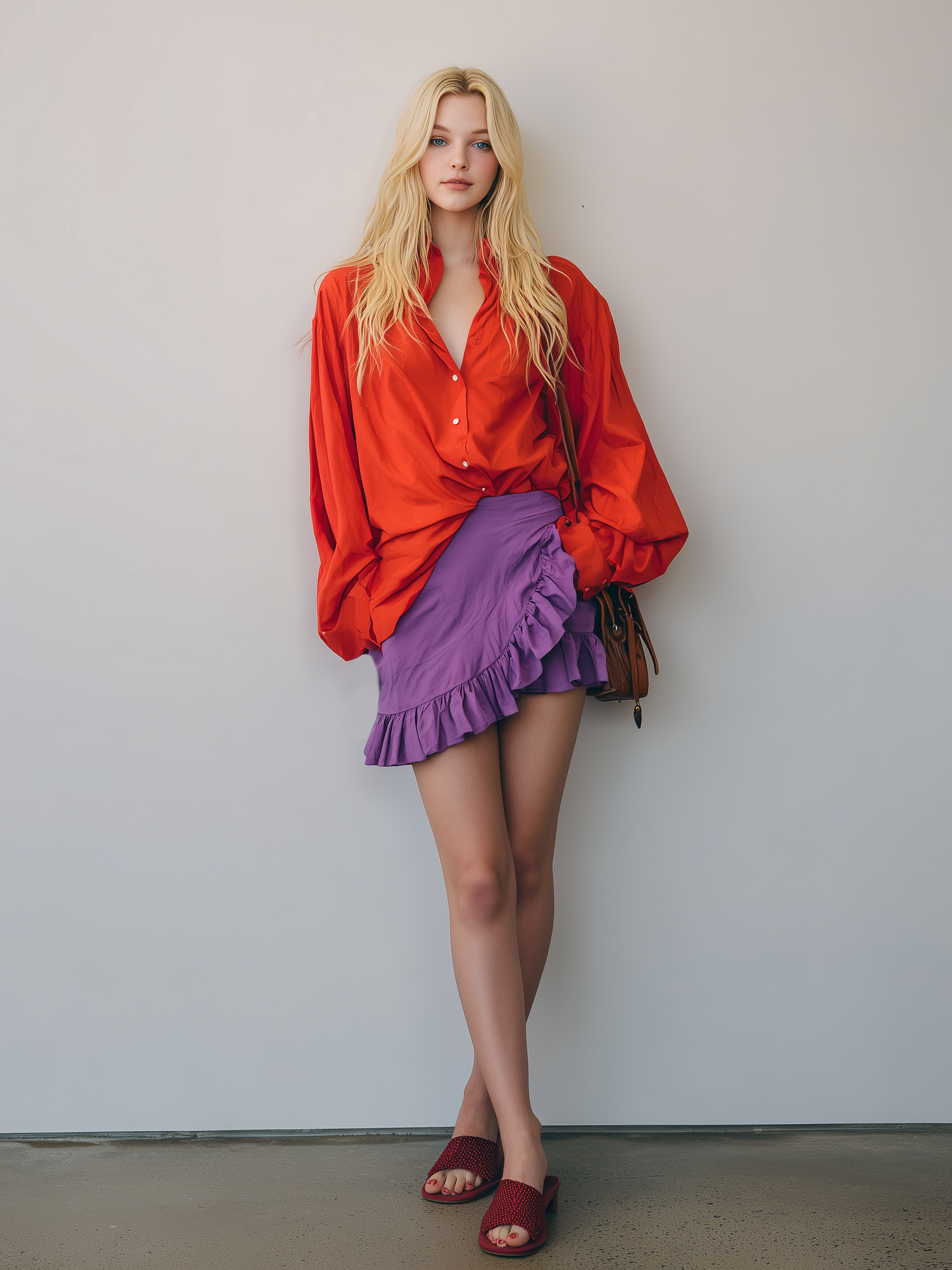 Women's Casual Red Woven Long-Sleeve Shirt Paired With A Purple Woven Skirt MDZ2921E4LXY