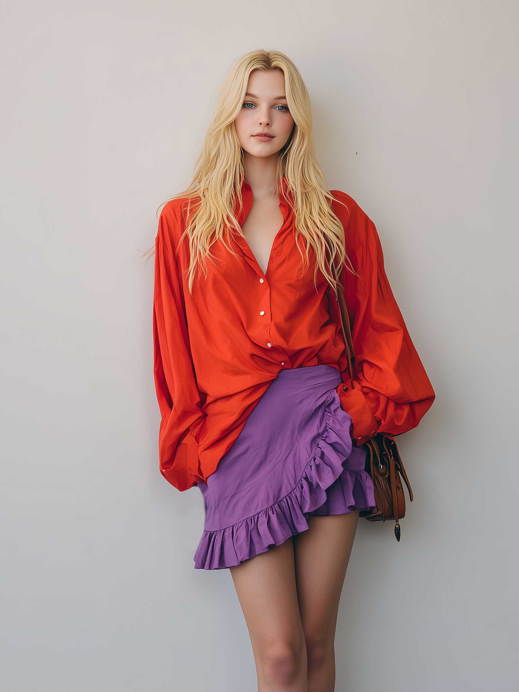 Women's Casual Red Woven Long-Sleeve Shirt Paired With A Purple Woven Skirt MDZ2921E4LXY
