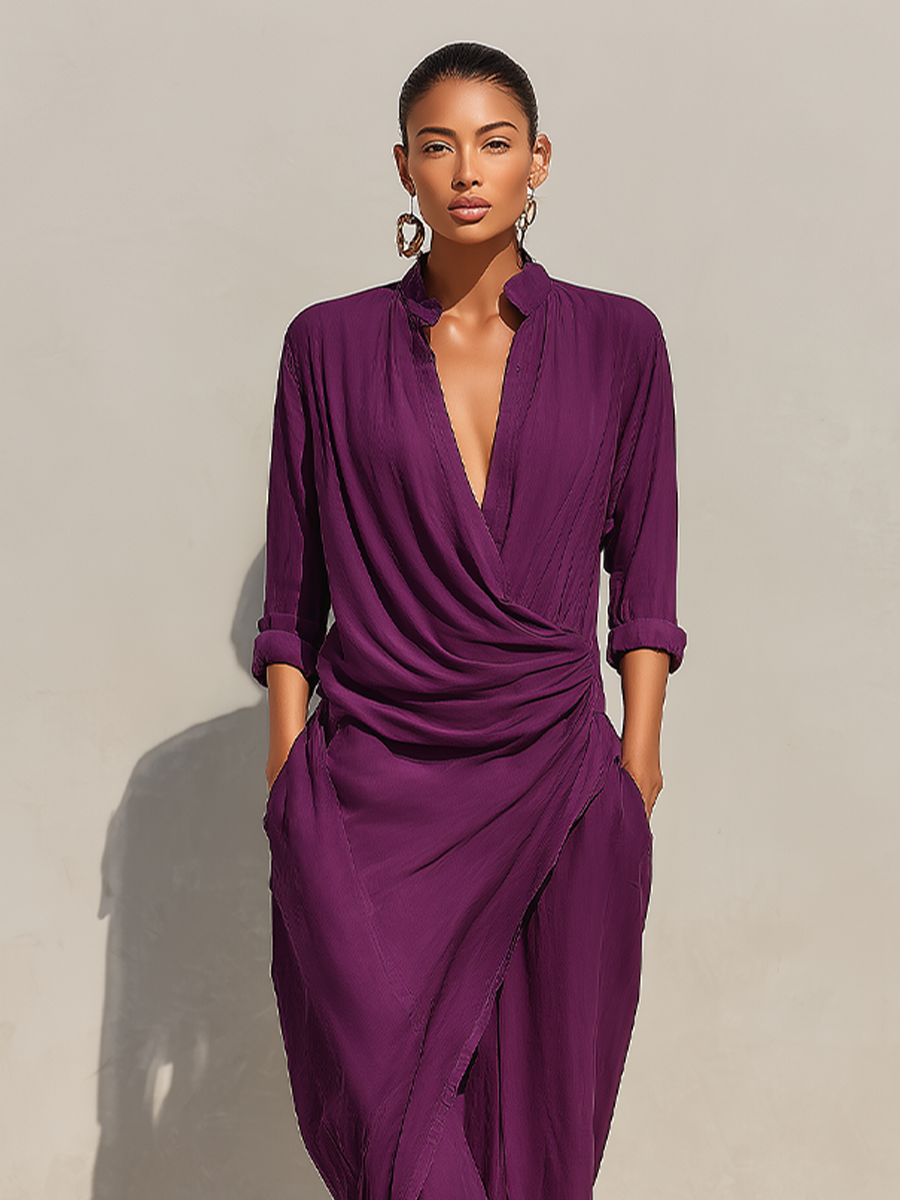 Women's Plum Draped Shirt Dress With Roll-Up Sleeves & Asymmetrical Hem, Modern Effortless-Chic Everyday Dress MDZ2986E3LYL