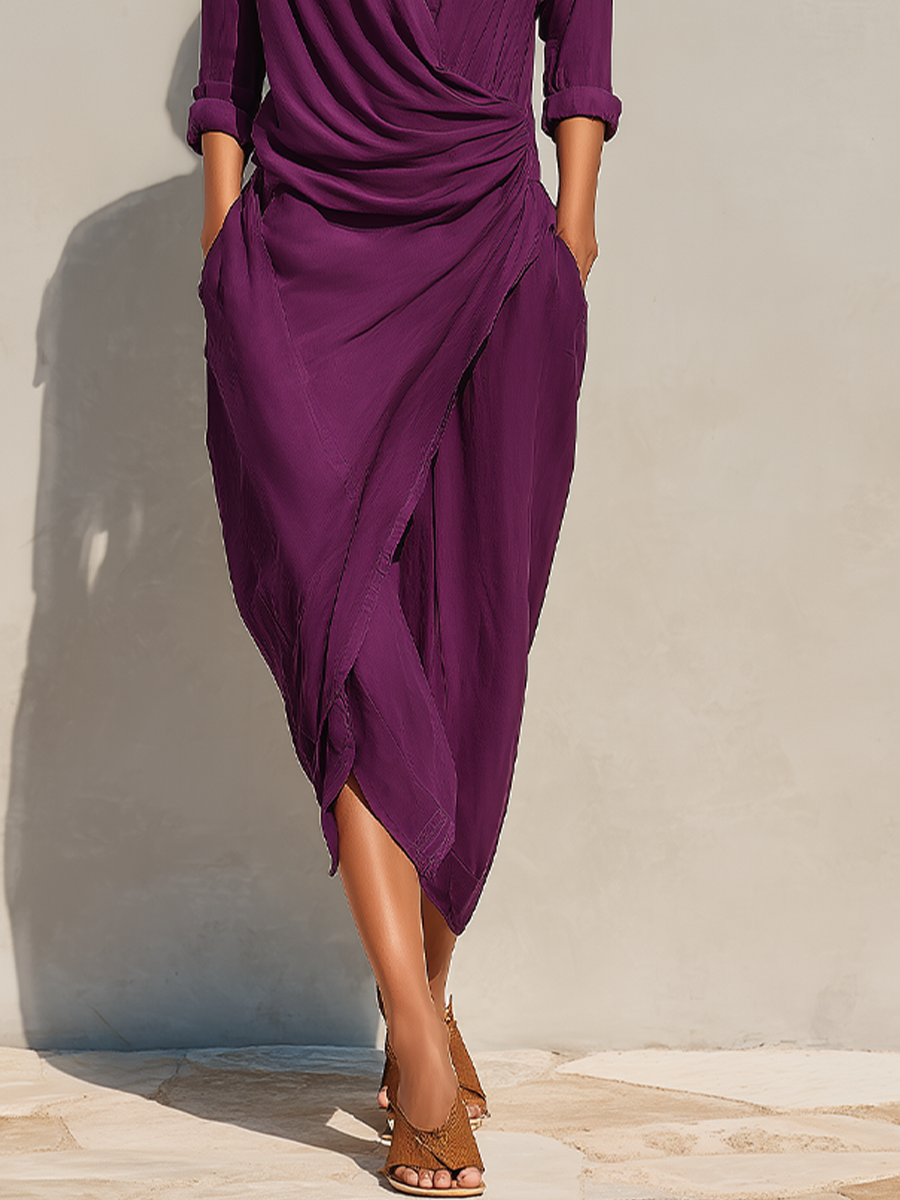 Women's Plum Draped Shirt Dress With Roll-Up Sleeves & Asymmetrical Hem, Modern Effortless-Chic Everyday Dress MDZ2986E3LYL