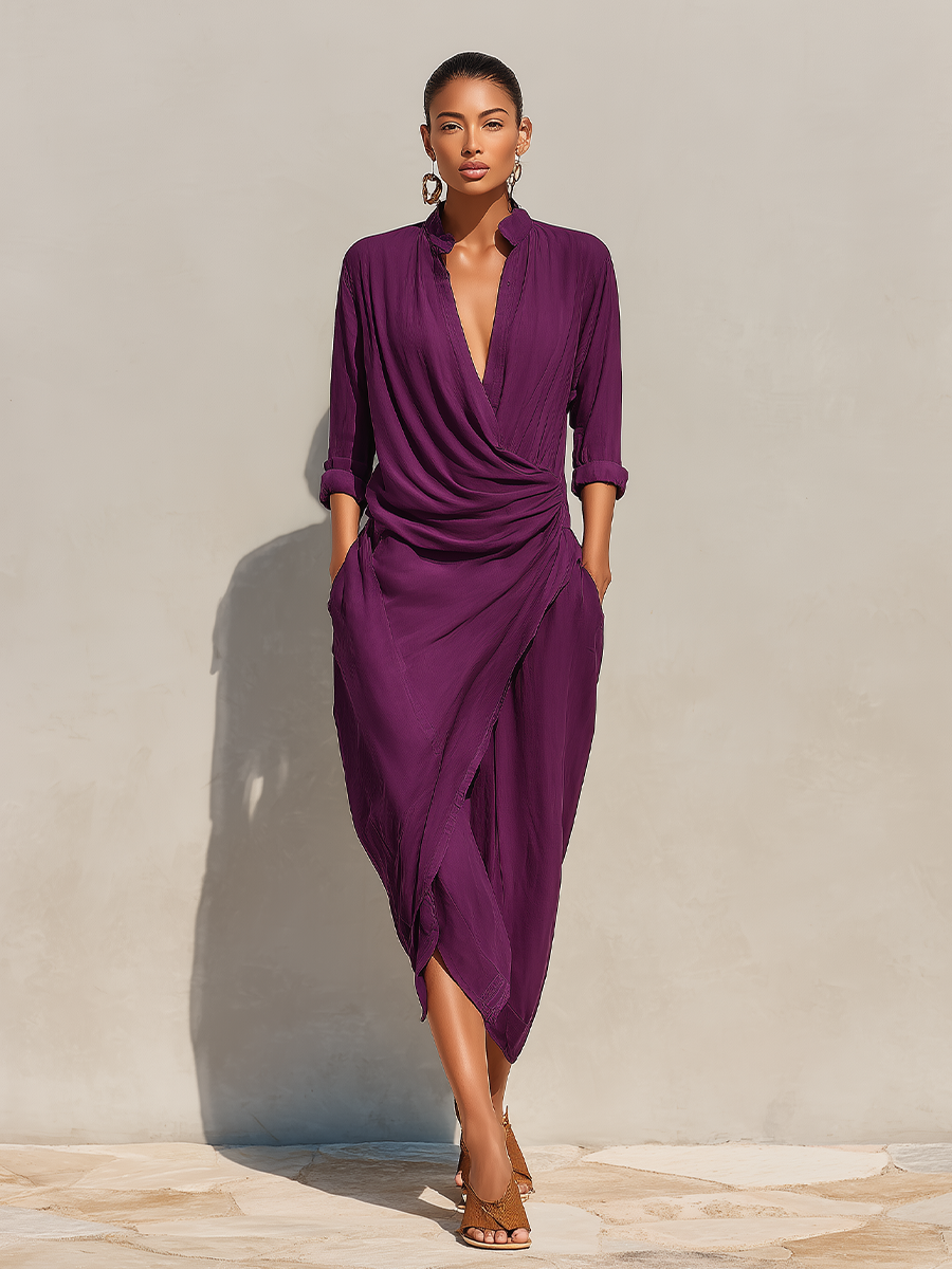 Women's Plum Draped Shirt Dress With Roll-Up Sleeves & Asymmetrical Hem, Modern Effortless-Chic Everyday Dress MDZ2986E3LYL