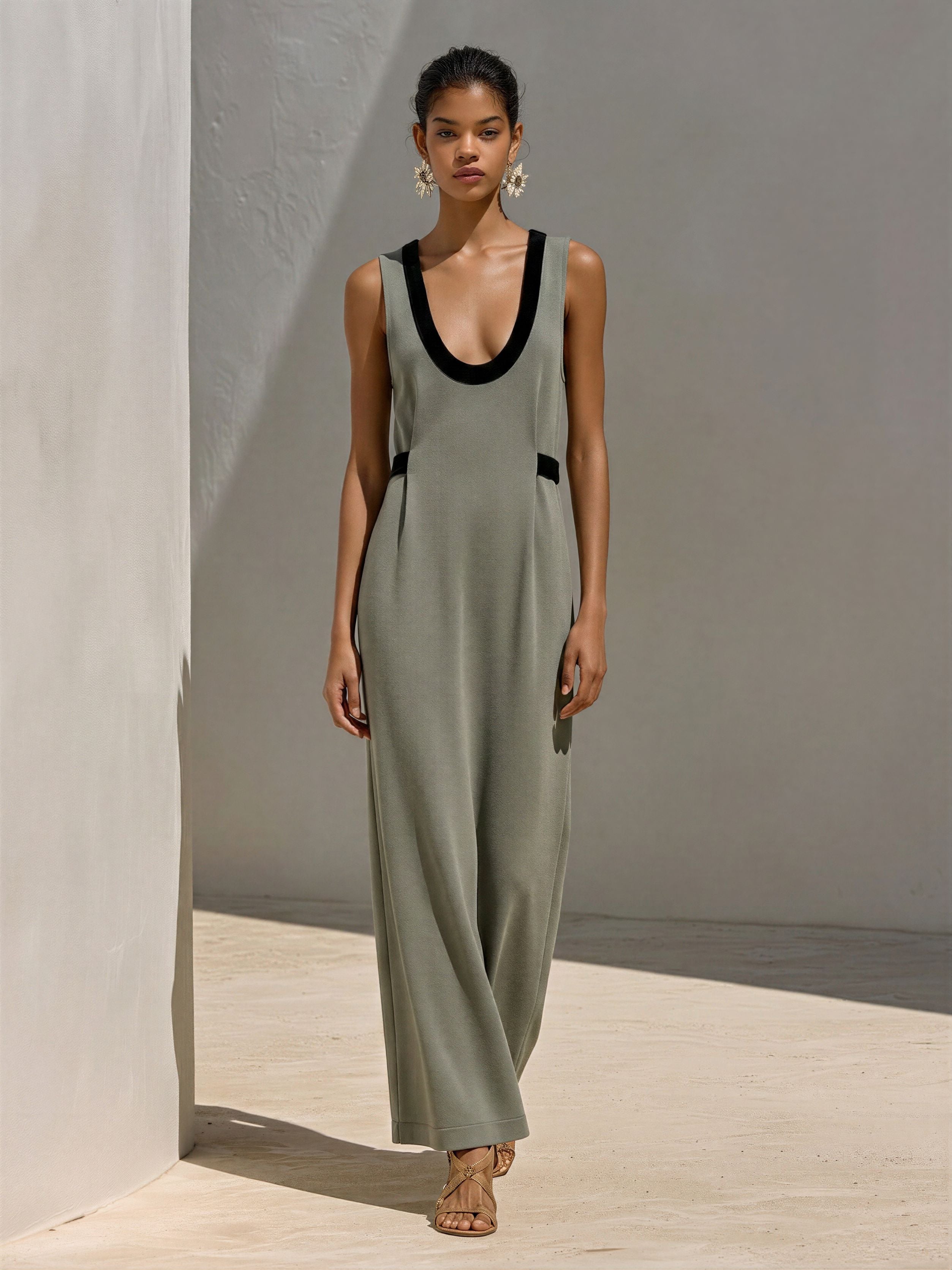 Women's Dusty Green Bodycon Knit Maxi Dress With Contrast Trim & Deep U-Neck, Contemporary Versatile Formal Dress MDZ2956E5LYL