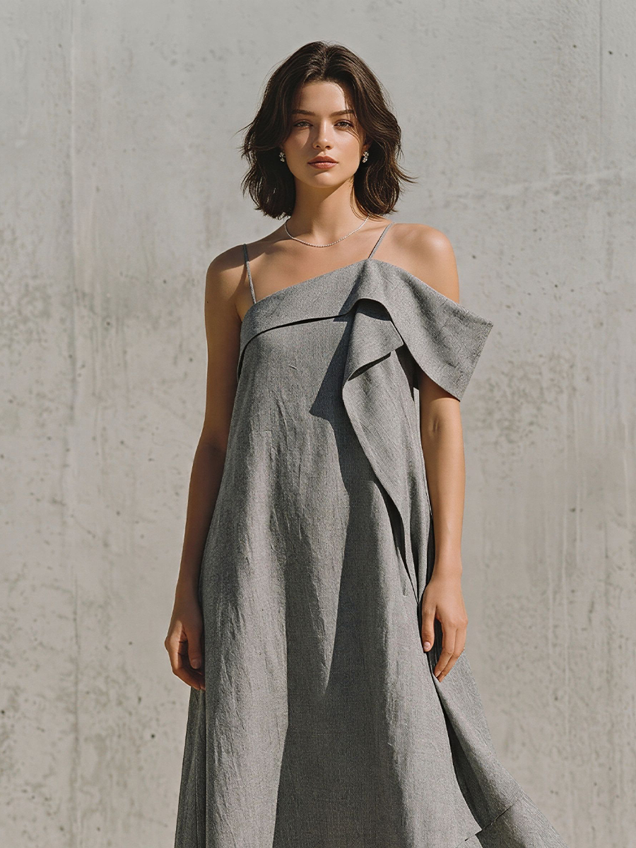 Women's Gray Linen-Blend Maxi Dress With Asymmetrical Off-Shoulder & Uneven Hem, Timeless Minimalist Casual Dress MDZ2997E2LYL
