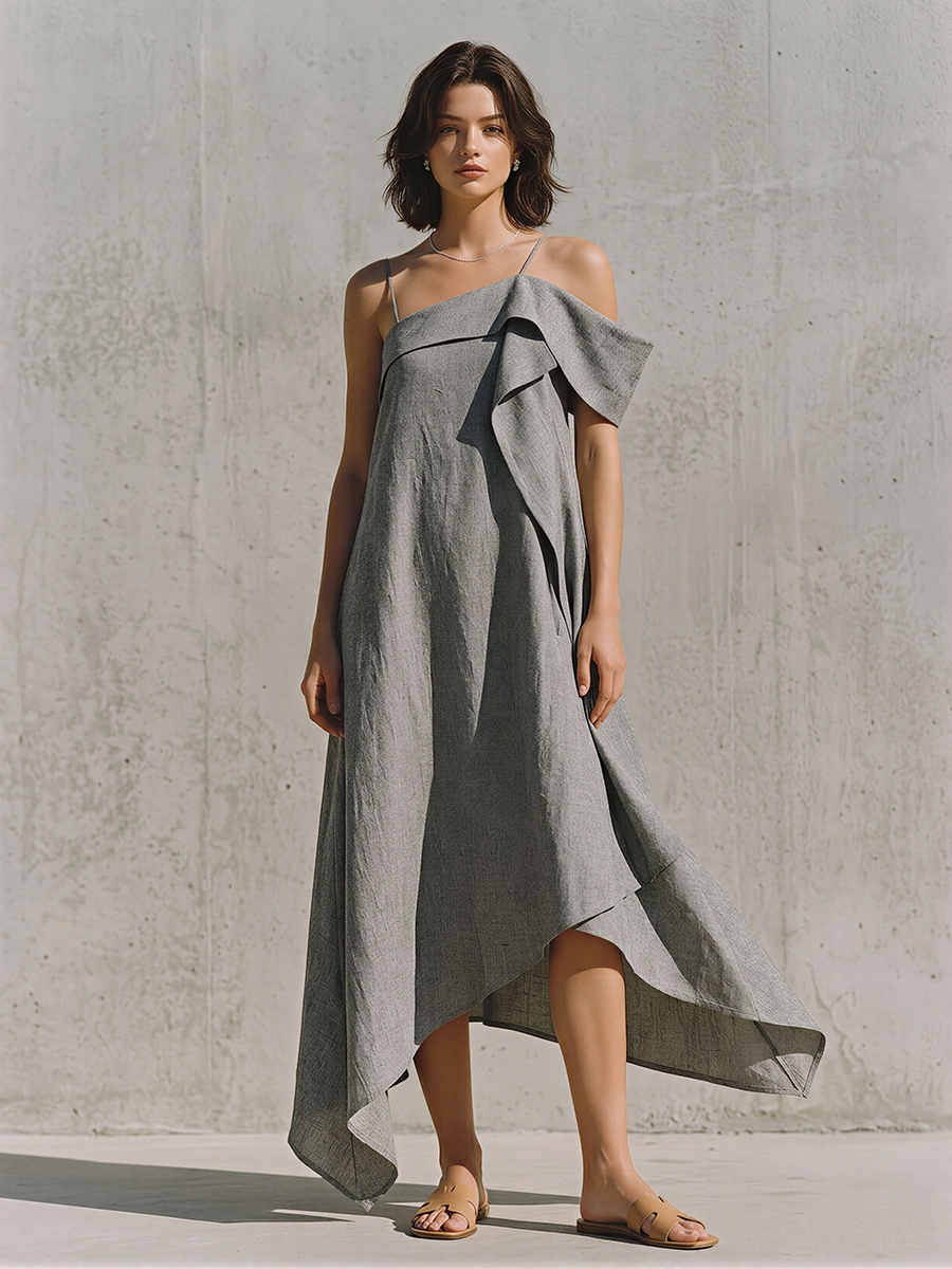 Women's Gray Linen-Blend Maxi Dress With Asymmetrical Off-Shoulder & Uneven Hem, Timeless Minimalist Casual Dress MDZ2997E2LYL