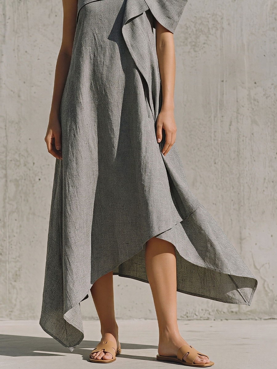Women's Gray Linen-Blend Maxi Dress With Asymmetrical Off-Shoulder & Uneven Hem, Timeless Minimalist Casual Dress MDZ2997E2LYL