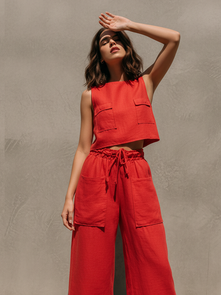Women's Red Linen-Blend Two-Piece Set With Pocket Crop Top & Wide Leg Pants, Timeless Casual Summer Outfit MDZ2901E5LYL
