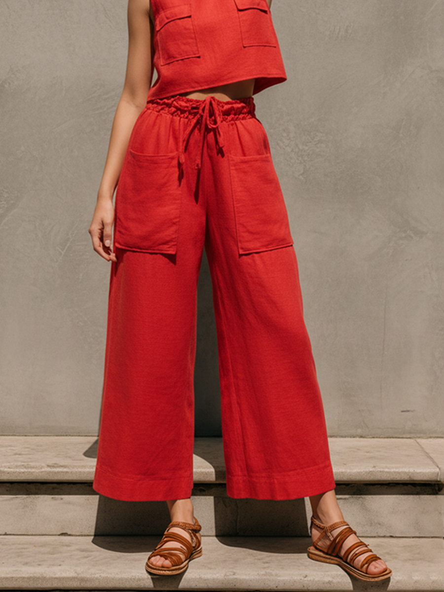 Women's Red Linen-Blend Two-Piece Set With Pocket Crop Top & Wide Leg Pants, Timeless Casual Summer Outfit MDZ2901E5LYL