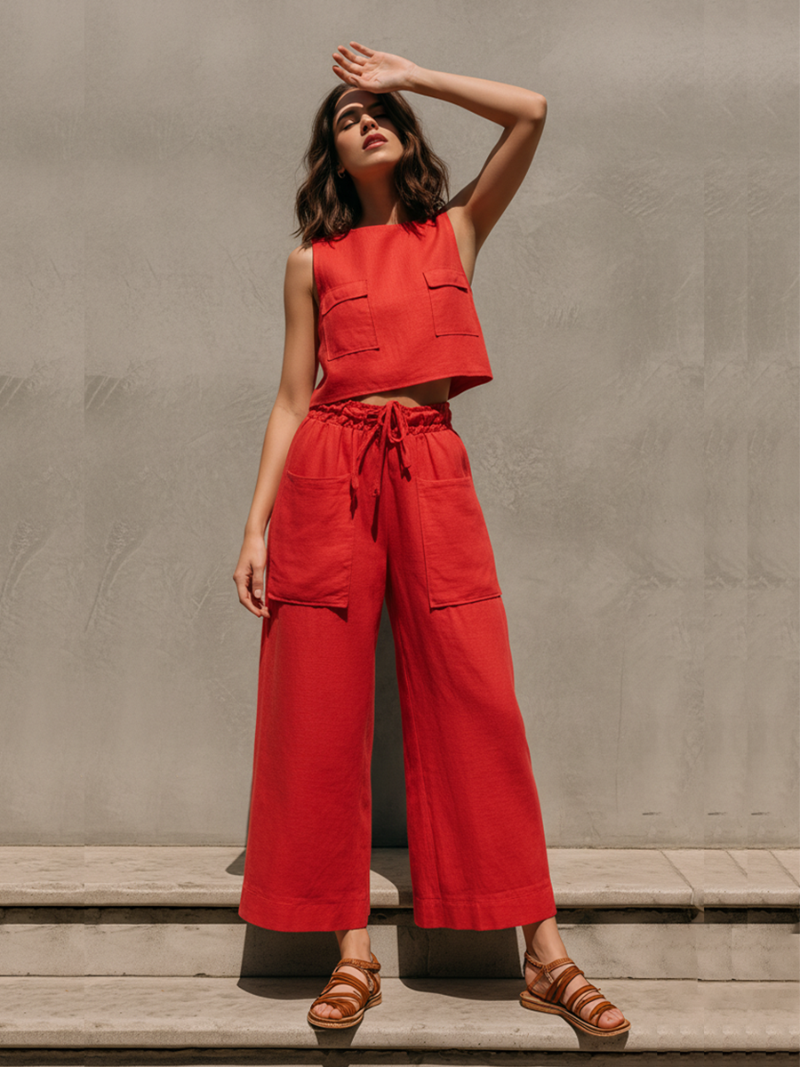 Women's Red Linen-Blend Two-Piece Set With Pocket Crop Top & Wide Leg Pants, Timeless Casual Summer Outfit MDZ2901E5LYL