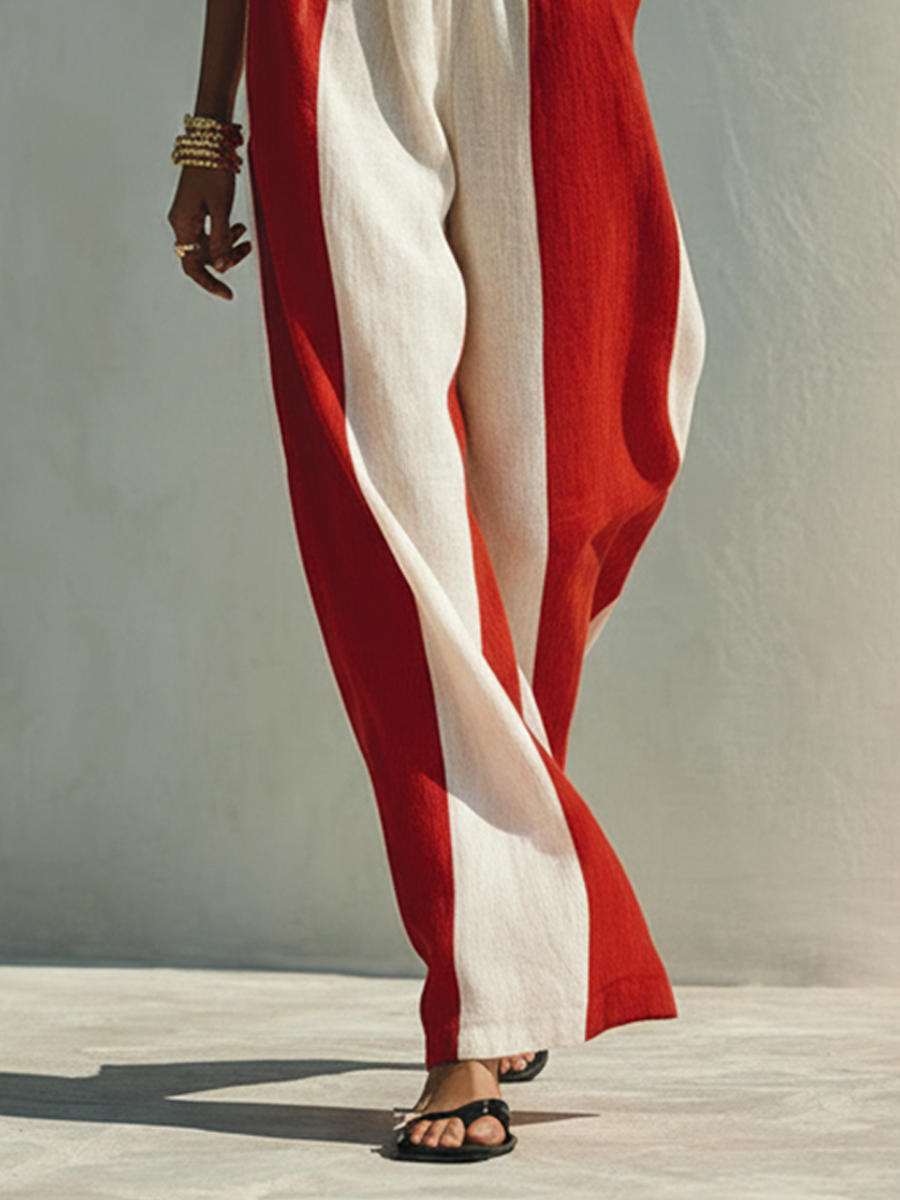 Women's Red & White Striped Cotton-Linen Blend Cami Top And Wide-Leg Pants Set MDZ2925E2ZRK