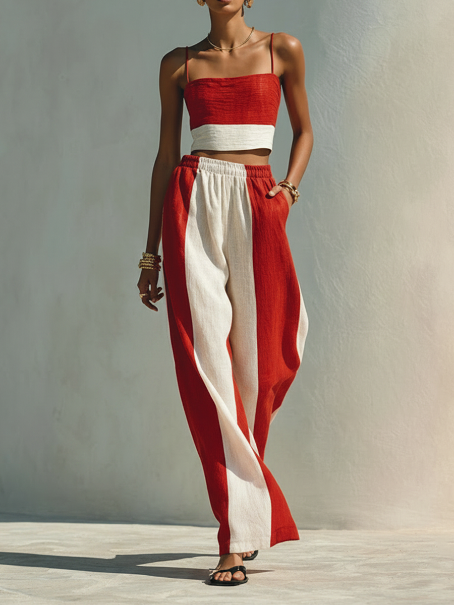 Women's Red & White Striped Cotton-Linen Blend Cami Top And Wide-Leg Pants Set MDZ2925E2ZRK