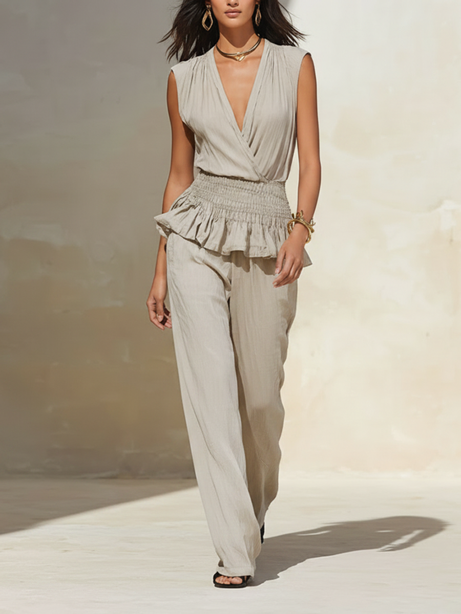 Women's Minimalist Sleeveless Ruffle Top & Wide-Leg Pants Set MDZ2981E3ZRK