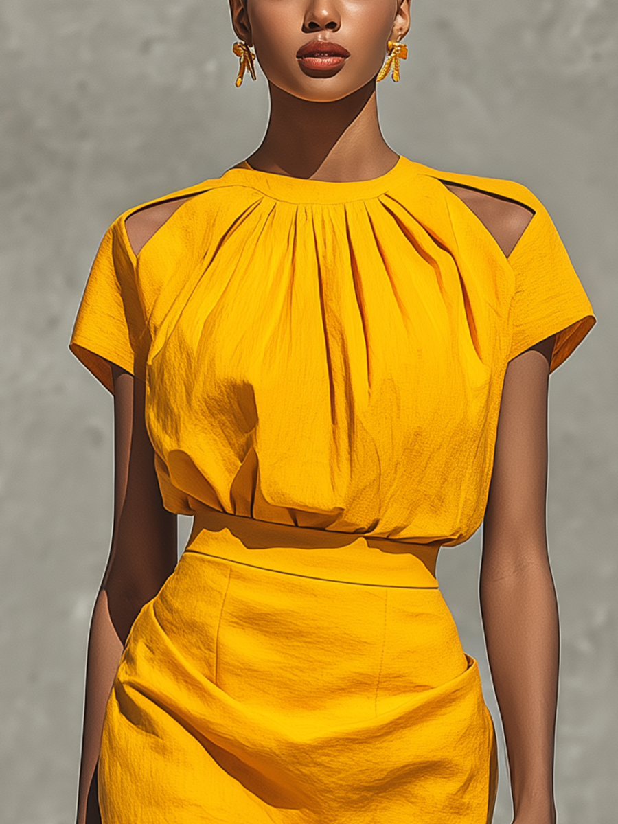 Women's Yellow Cotton-Linen Off-Shoulder Top With Pleated Collar And Pencil Skirt Set MDZ2800E7T