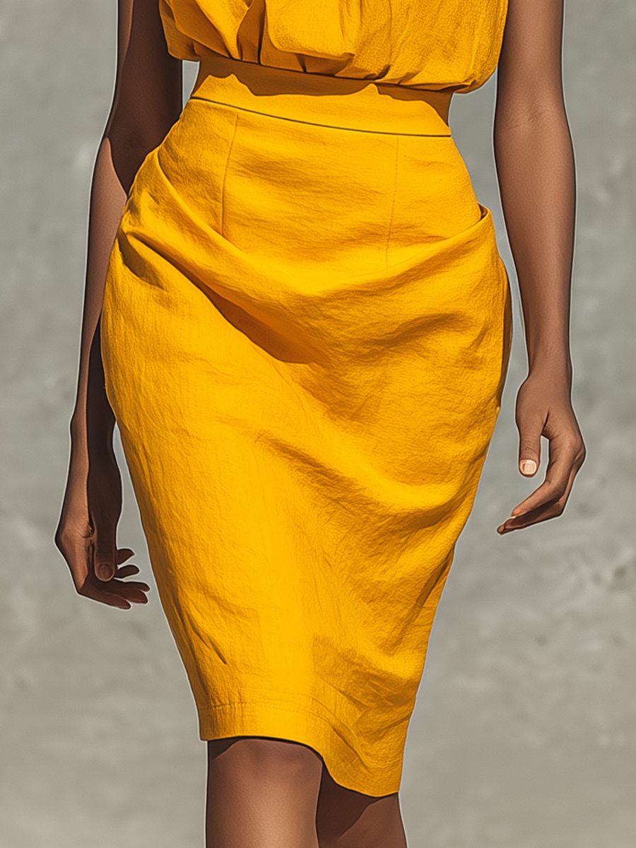 Women's Yellow Cotton-Linen Off-Shoulder Top With Pleated Collar And Pencil Skirt Set MDZ2800E7T