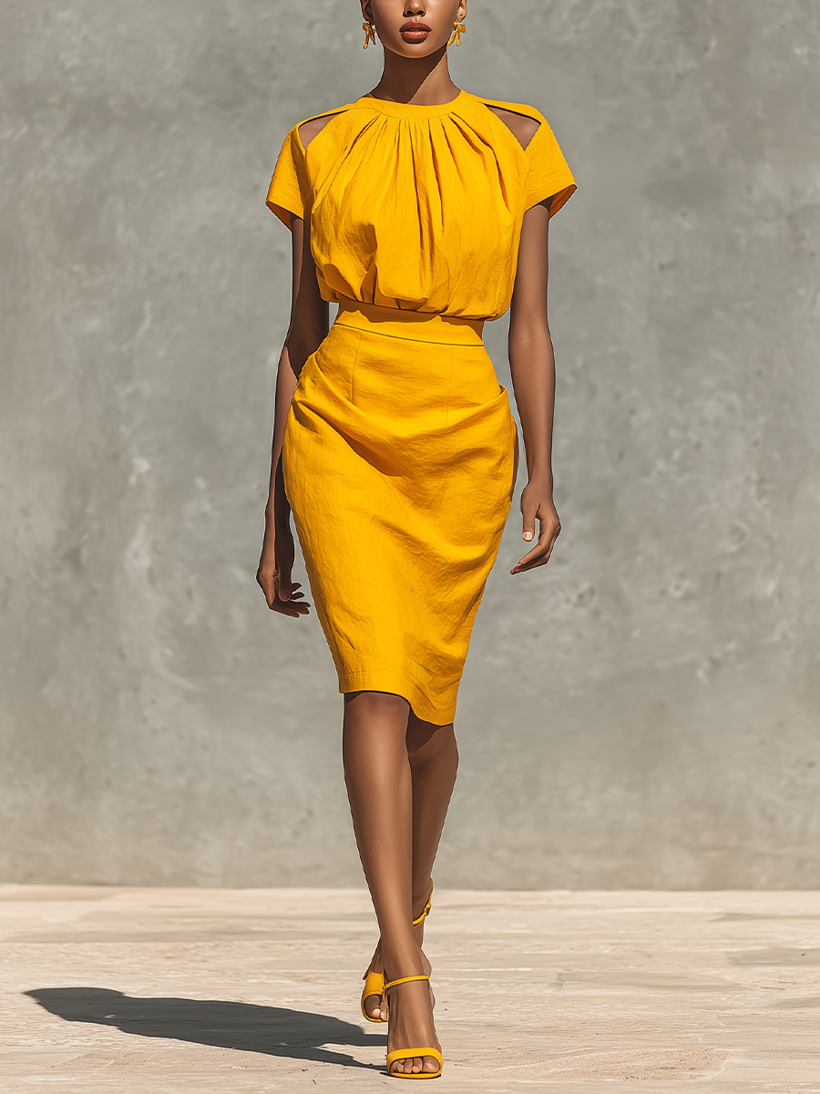 Women's Yellow Cotton-Linen Off-Shoulder Top With Pleated Collar And Pencil Skirt Set MDZ2800E7T