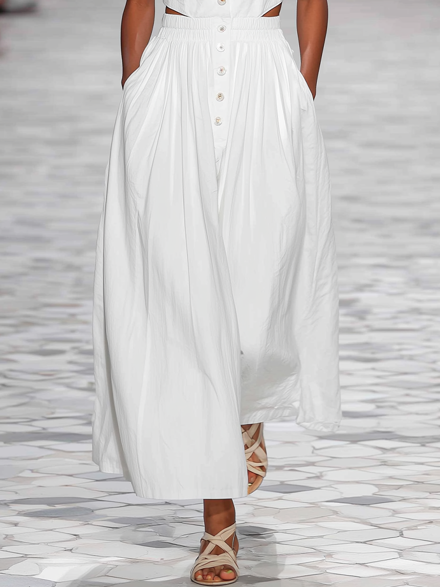 Women’s White Linen-Blend Sleeveless Button-Front Jumpsuit With Waist Cut-Outs & Pockets MDZ2976E4T