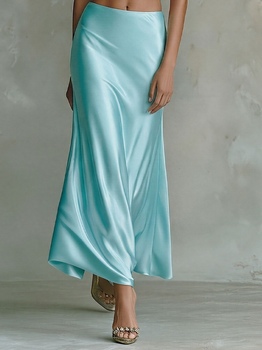 Women’s Light Blue Satin Cowl-Neck Cami Crop Top & Bias-Cut Midi Skirt Two-Piece Set MDZ2979E0T