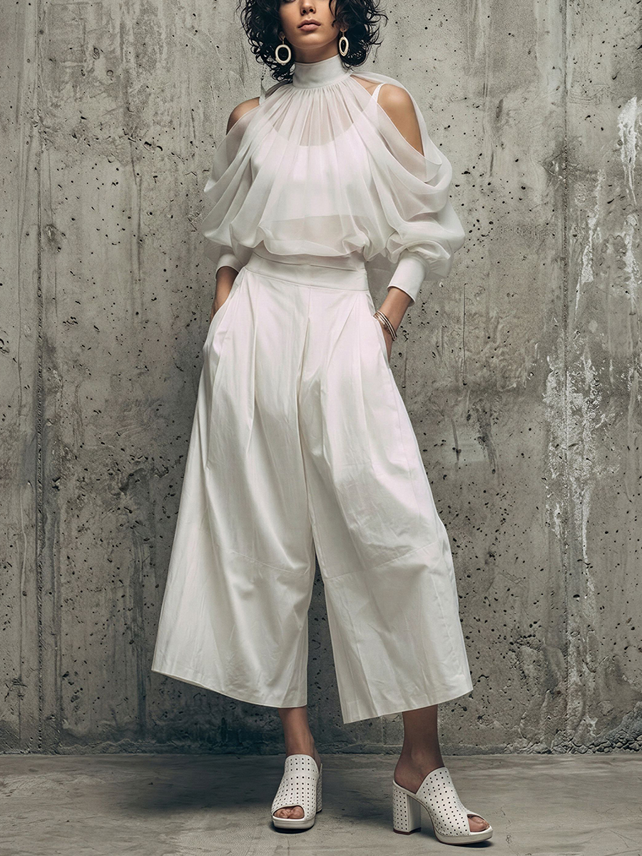 Women’s White Chiffon Cold-Shoulder Sheer Blouse & Cotton Blend High-Waisted Wide-Leg Cropped Pants Two-Piece Set MDZ2966E7T