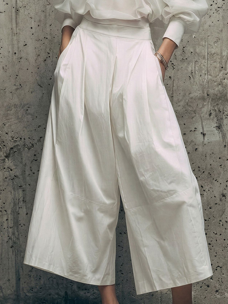 Women’s White Chiffon Cold-Shoulder Sheer Blouse & Cotton Blend High-Waisted Wide-Leg Cropped Pants Two-Piece Set MDZ2966E7T