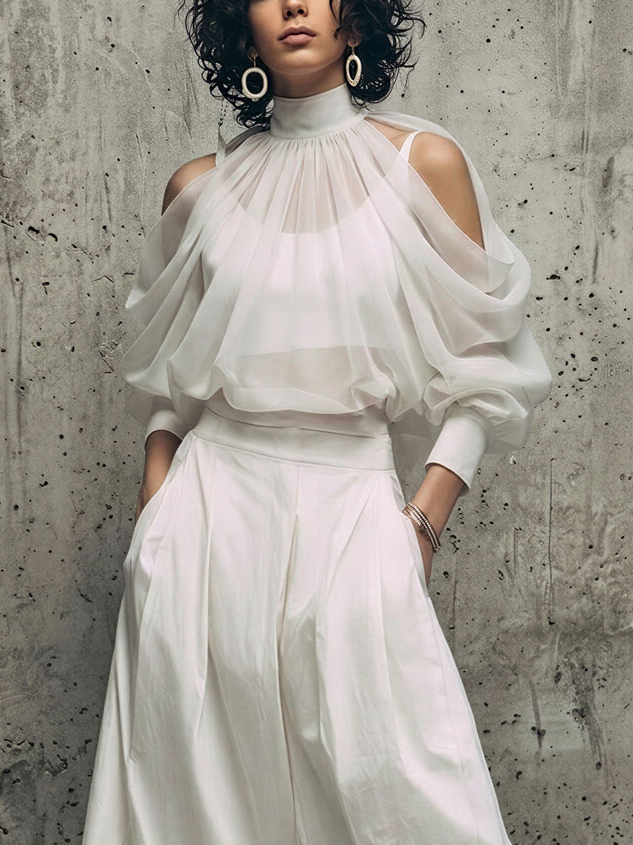 Women’s White Chiffon Cold-Shoulder Sheer Blouse & Cotton Blend High-Waisted Wide-Leg Cropped Pants Two-Piece Set MDZ2966E7T