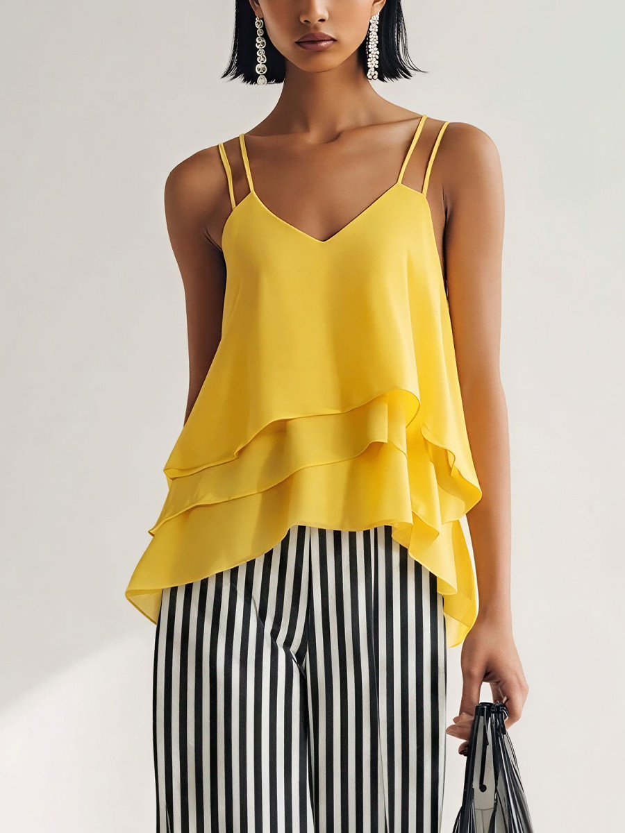 Women’s Yellow Satin Layered Ruffle Cami Top & Black-and-White Cotton Blend Striped Wide-Leg Pants Two-Piece Set MDZ2998E1T