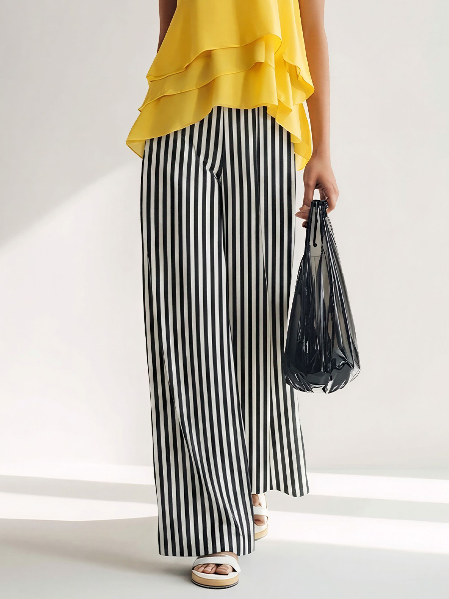 Women’s Yellow Satin Layered Ruffle Cami Top & Black-and-White Cotton Blend Striped Wide-Leg Pants Two-Piece Set MDZ2998E1T