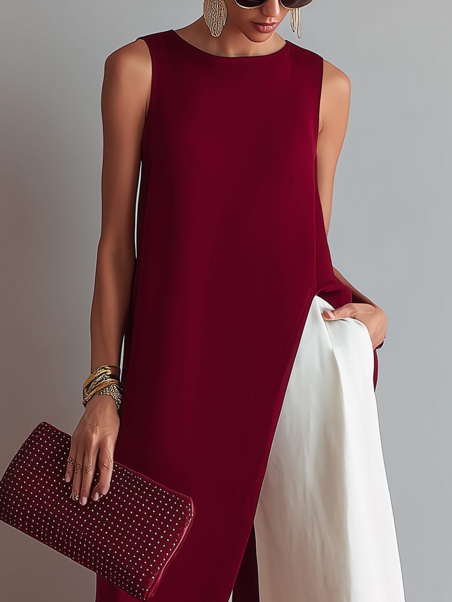 Women’s Burgundy Sleeveless Longline Tunic & White High-Waisted Wide-Leg Pants Two-Piece Set MDZ2946E4T