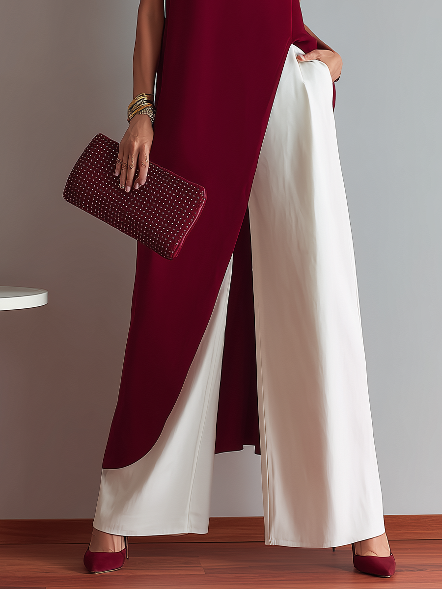 Women’s Burgundy Sleeveless Longline Tunic & White High-Waisted Wide-Leg Pants Two-Piece Set MDZ2946E4T