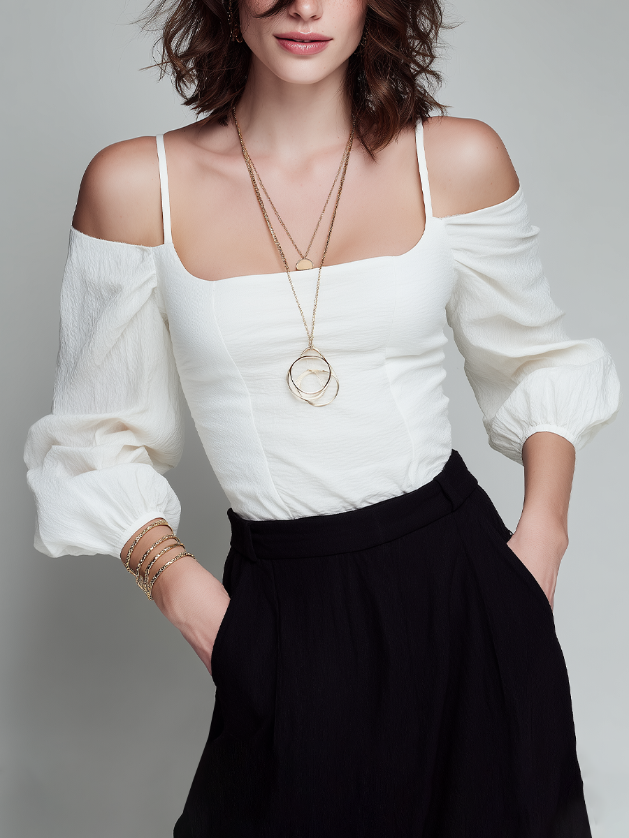 Women’s Elegant White Cotton Blend Cold-Shoulder Top With Square Neckline & Puffed Sleeves MDZ2956E0T