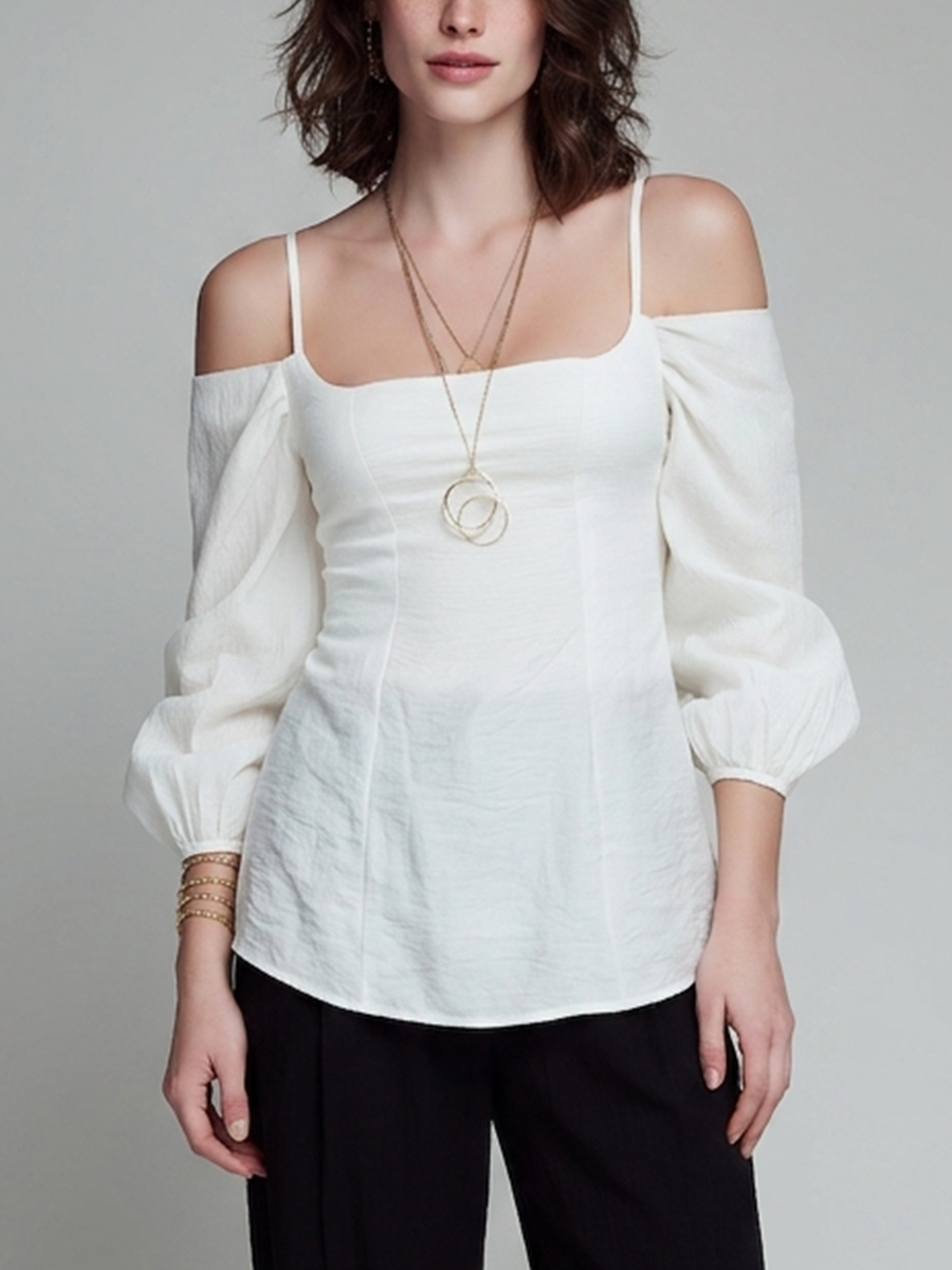 Women’s Elegant White Cotton Blend Cold-Shoulder Top With Square Neckline & Puffed Sleeves MDZ2956E0T