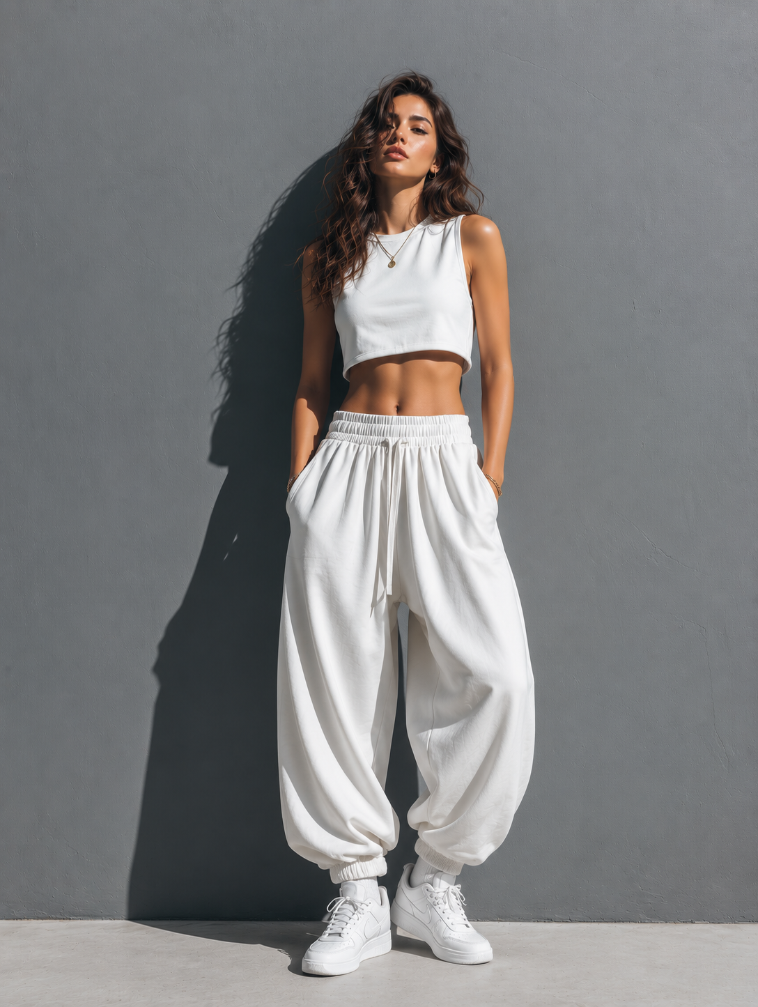 Women's Minimalist Cotton-Blend Activewear Set: Sleeveless Crewneck Crop Top & Loose-Fit Joggers MDZ2930E7ZJW