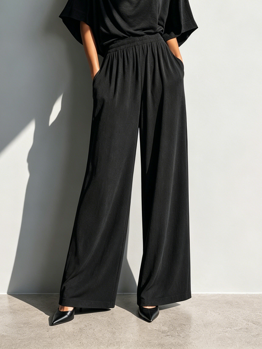 Women's Minimalist Cotton-Blend Set: Half-Sleeve Cowl-Neck Top & Wide-Leg Trousers MDZ2965E3ZJW
