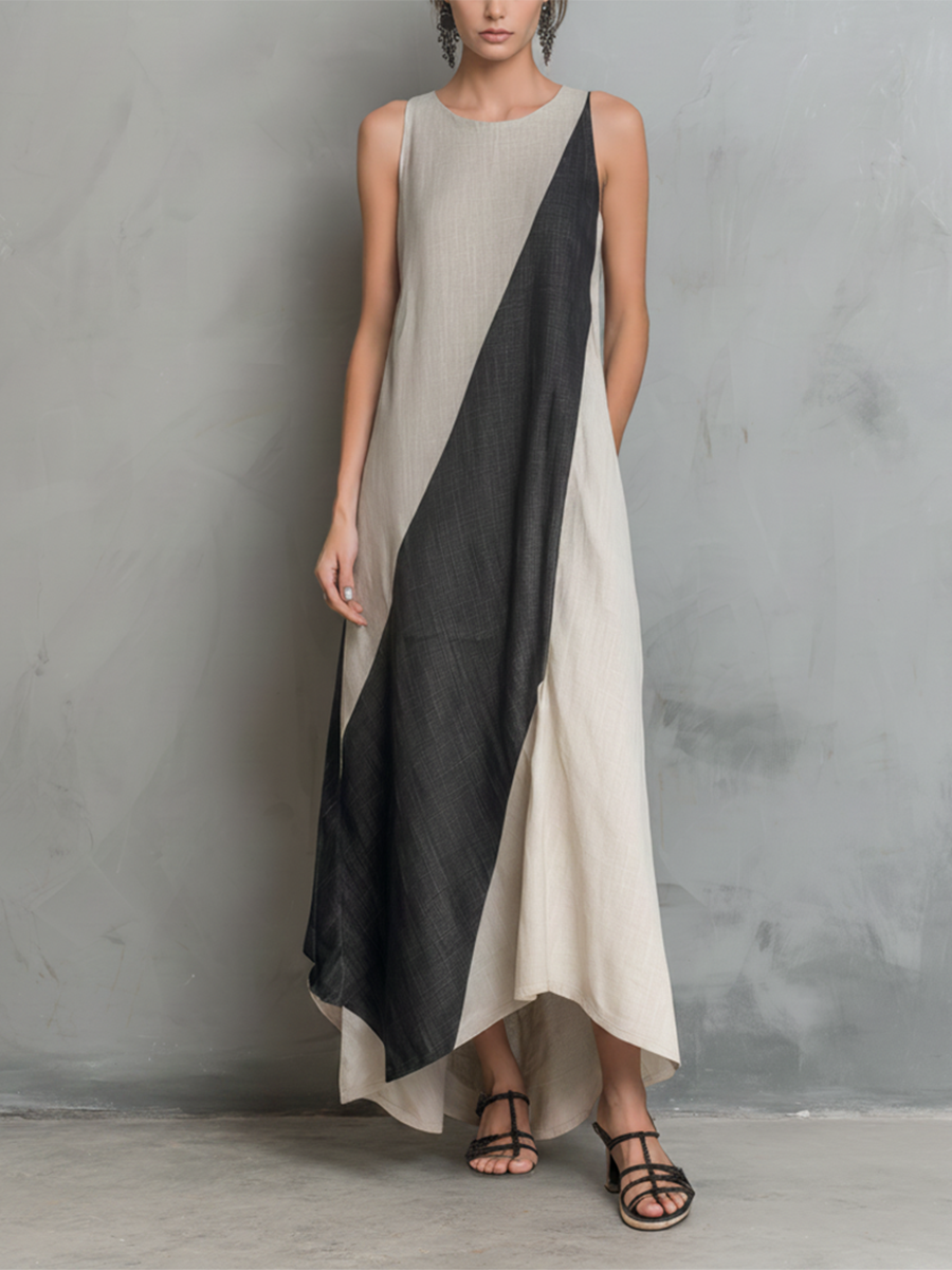Women's Minimalist Cotton-Linen Color-Block Round-Neck Sleeveless Maxi Dress MDZ2909E4ZJW