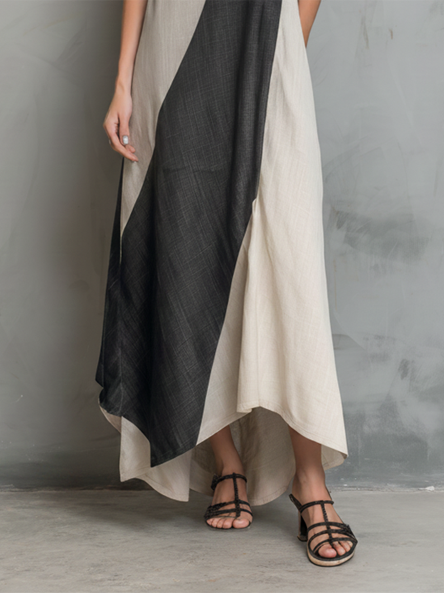 Women's Minimalist Cotton-Linen Color-Block Round-Neck Sleeveless Maxi Dress MDZ2909E4ZJW