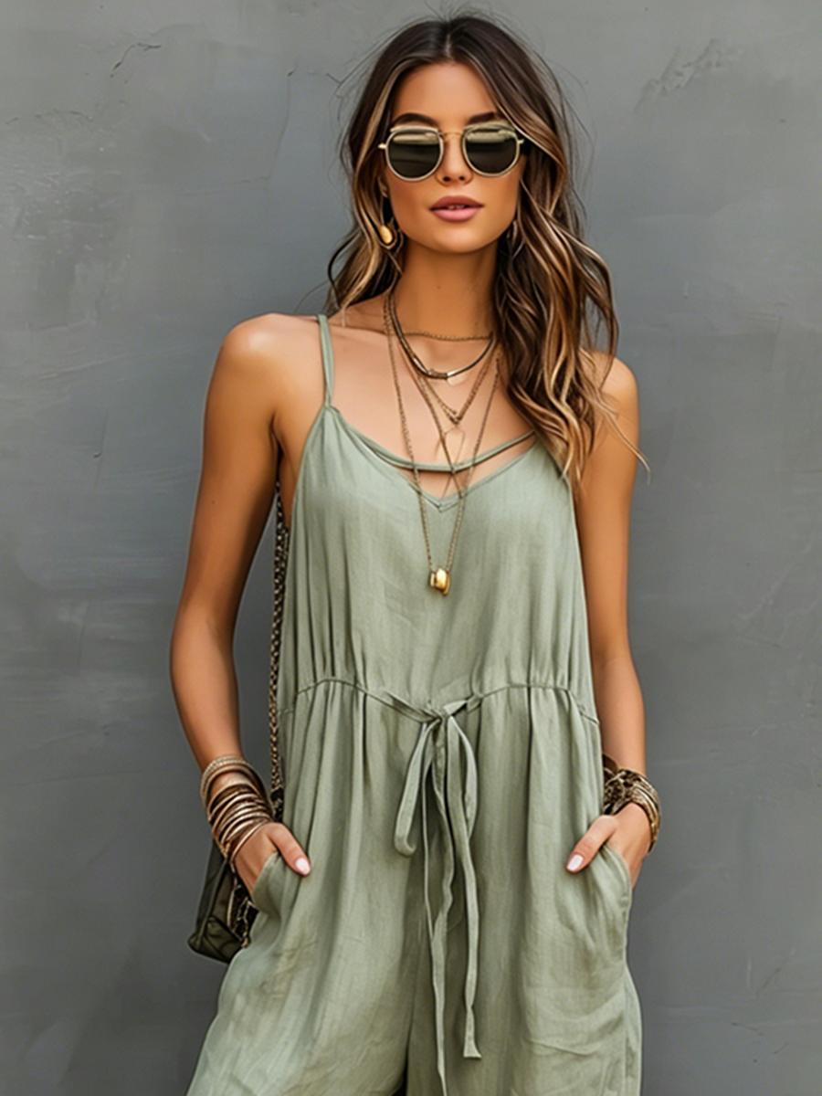 Women's Cotton-Linen V-Neck Sleeveless Jumpsuit With Spaghetti Straps MDZ2947E9ZJW