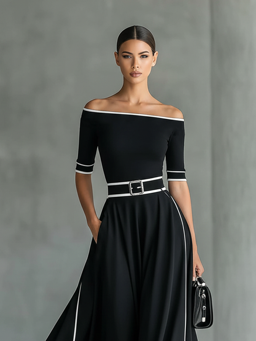 Women's Minimalist & Elegant White-Trimmed Off-the-Shoulder Top And Skirt Set MDZ2946E9Y