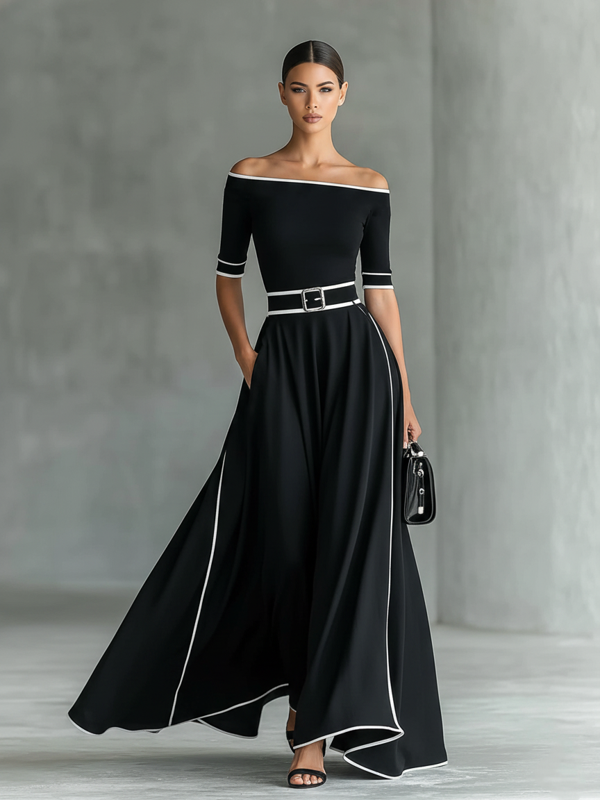 Women's Minimalist & Elegant White-Trimmed Off-the-Shoulder Top And Skirt Set MDZ2946E9Y