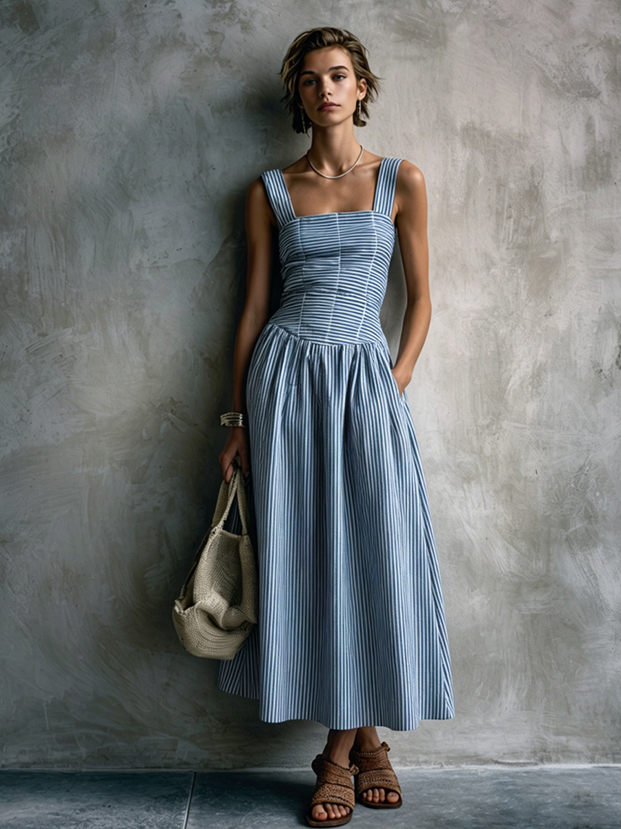 Women's Vacation Blue And White Striped Cotton Blend Square Neck Smocked Waist-Tailored Cami Maxi Dress MDZ2952E2GMJ