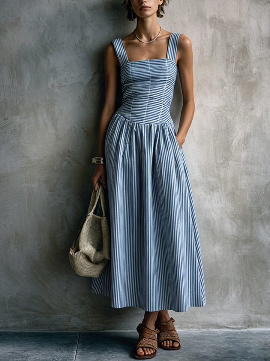 Women's Vacation Blue And White Striped Cotton Blend Square Neck Smocked Waist-Tailored Cami Maxi Dress MDZ2952E2GMJ