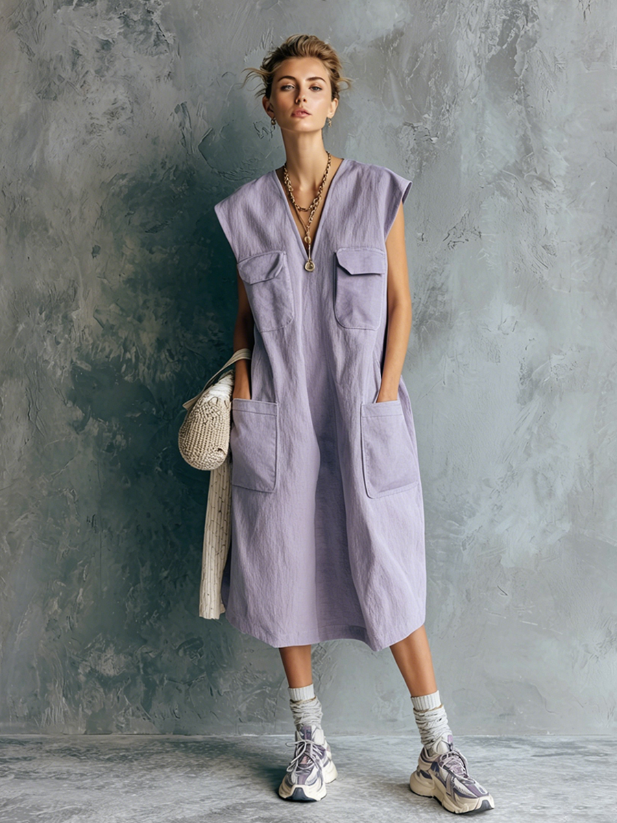 Women's Casual Light Purple Cotton Blend V-Neck Multi-Pocket Loose Sleeveless Midi Dress MDZ2903E9GMJ