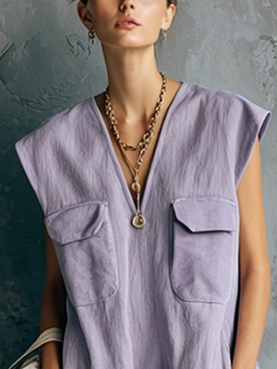 Women's Casual Light Purple Cotton Blend V-Neck Multi-Pocket Loose Sleeveless Midi Dress MDZ2903E9GMJ