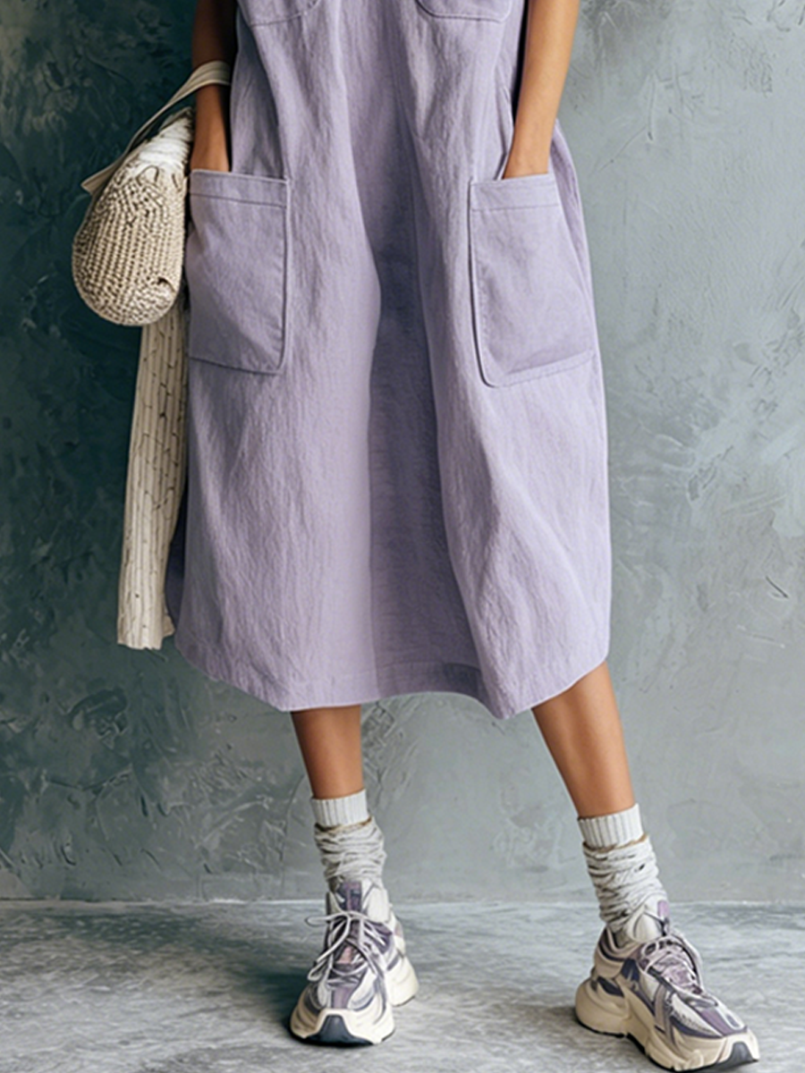 Women's Casual Light Purple Cotton Blend V-Neck Multi-Pocket Loose Sleeveless Midi Dress MDZ2903E9GMJ