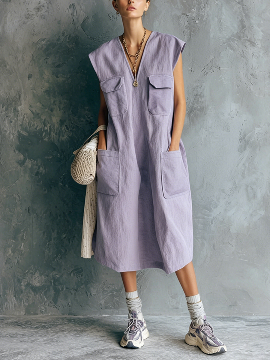 Women's Casual Light Purple Cotton Blend V-Neck Multi-Pocket Loose Sleeveless Midi Dress MDZ2903E9GMJ