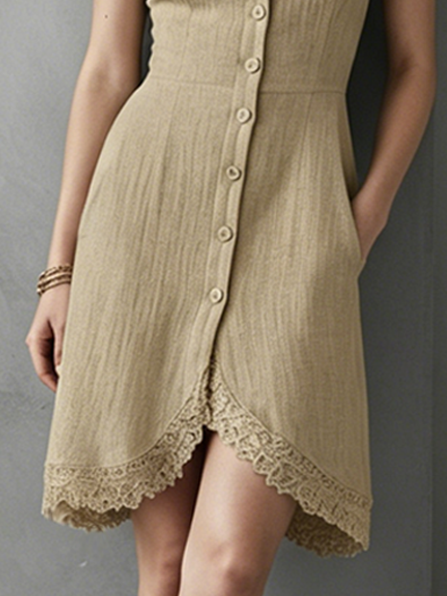 Women's Retro Khaki Linen-Cotton Lace Trim V-Neck Button-Front Waist-Tailored Sleeveless Mini Dress MDZ2993E2GMJ