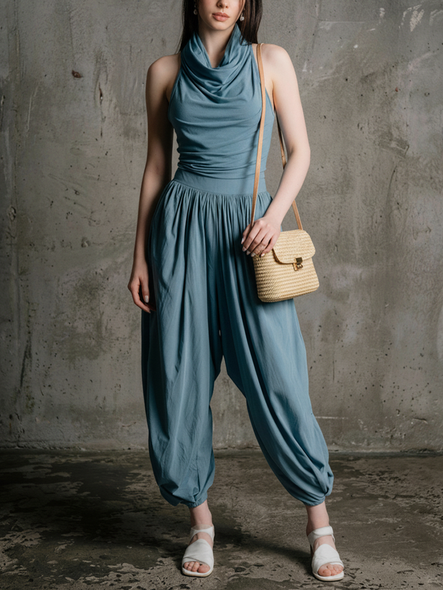 Women's Loungewear Slate Blue Knit-to-Woven Cotton Blend Cowl Neck Halter Waist-Tailored Harem Maxi Jumpsuit MDZ2902E8GMJ