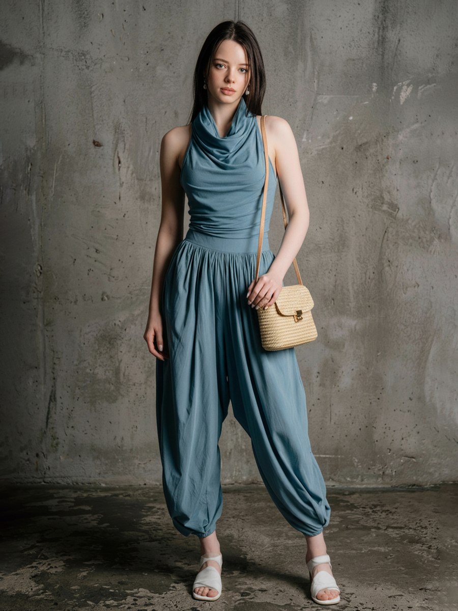 Women's Loungewear Slate Blue Knit-to-Woven Cotton Blend Cowl Neck Halter Waist-Tailored Harem Maxi Jumpsuit MDZ2902E8GMJ