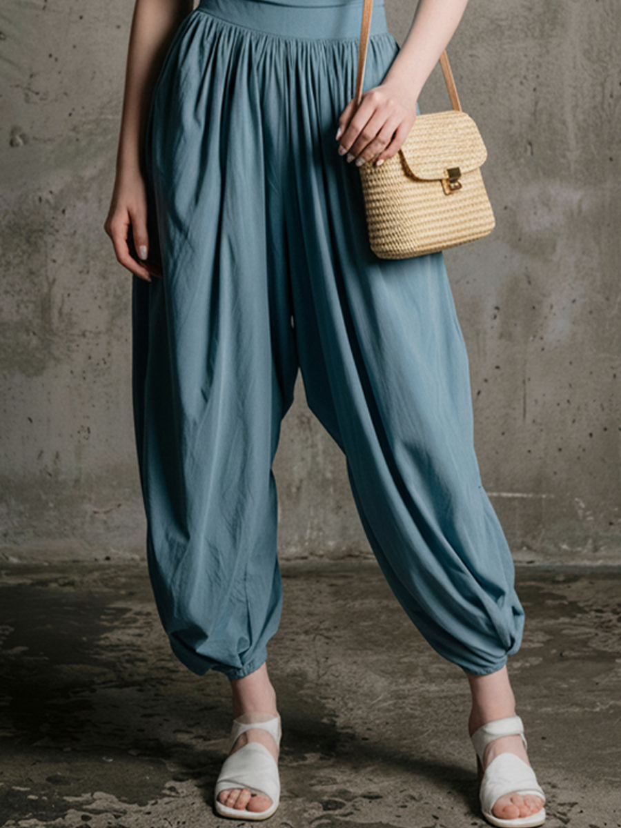 Women's Loungewear Slate Blue Knit-to-Woven Cotton Blend Cowl Neck Halter Waist-Tailored Harem Maxi Jumpsuit MDZ2902E8GMJ