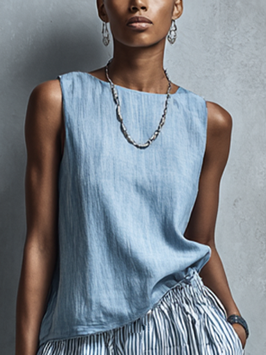 Women's Casual Light Blue Linen-Cotton Crew Neck Sleeveless Top And Blue-White Striped Elastic Waist Wide-Leg Pants Set MDZ2976E9GMJ