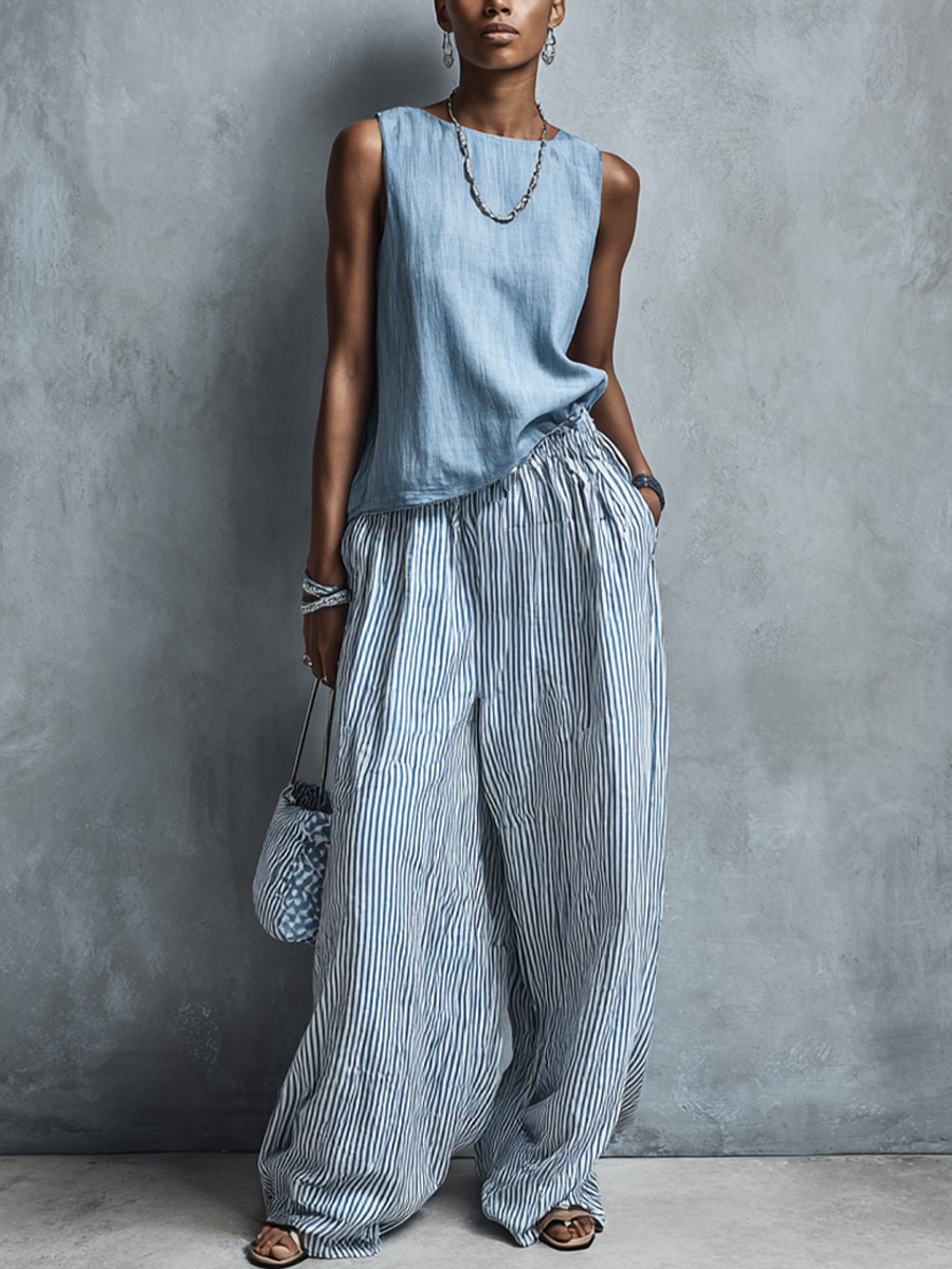 Women's Casual Light Blue Linen-Cotton Crew Neck Sleeveless Top And Blue-White Striped Elastic Waist Wide-Leg Pants Set MDZ2976E9GMJ